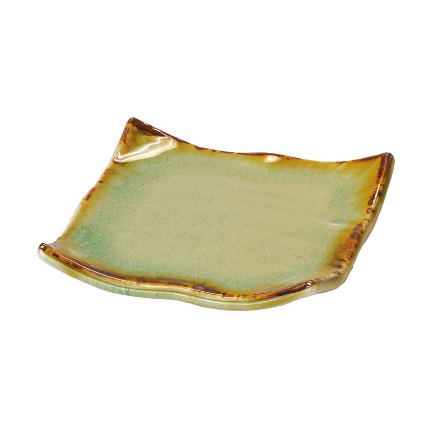 Ceramic square plate, Vidro ash glaze, brown rim