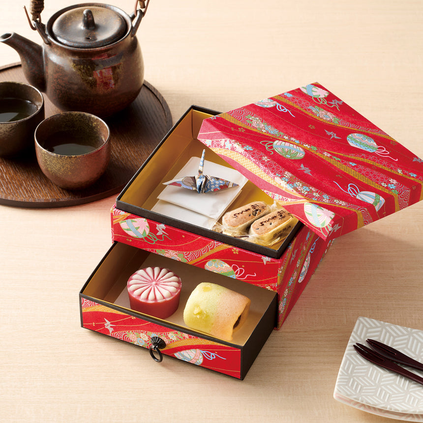 Yuzen two-tiered paper box (with drawer) Red
