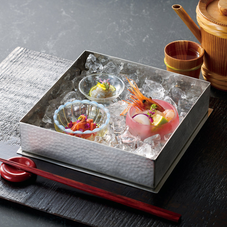 Stainless steel hammered appetizer serving dish with base, square