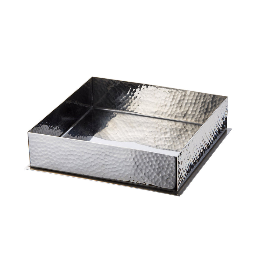 Stainless steel hammered appetizer serving dish with base, square