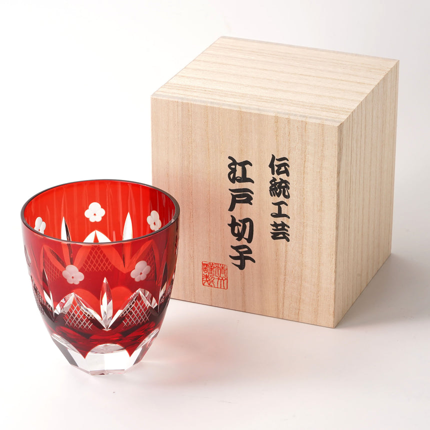 江戸切子　ロックグラス　松竹梅 (赤)