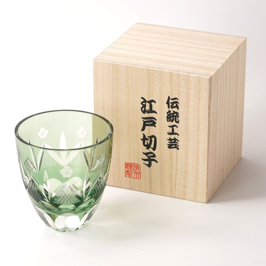 江戸切子　ロックグラス　松竹梅　(緑)