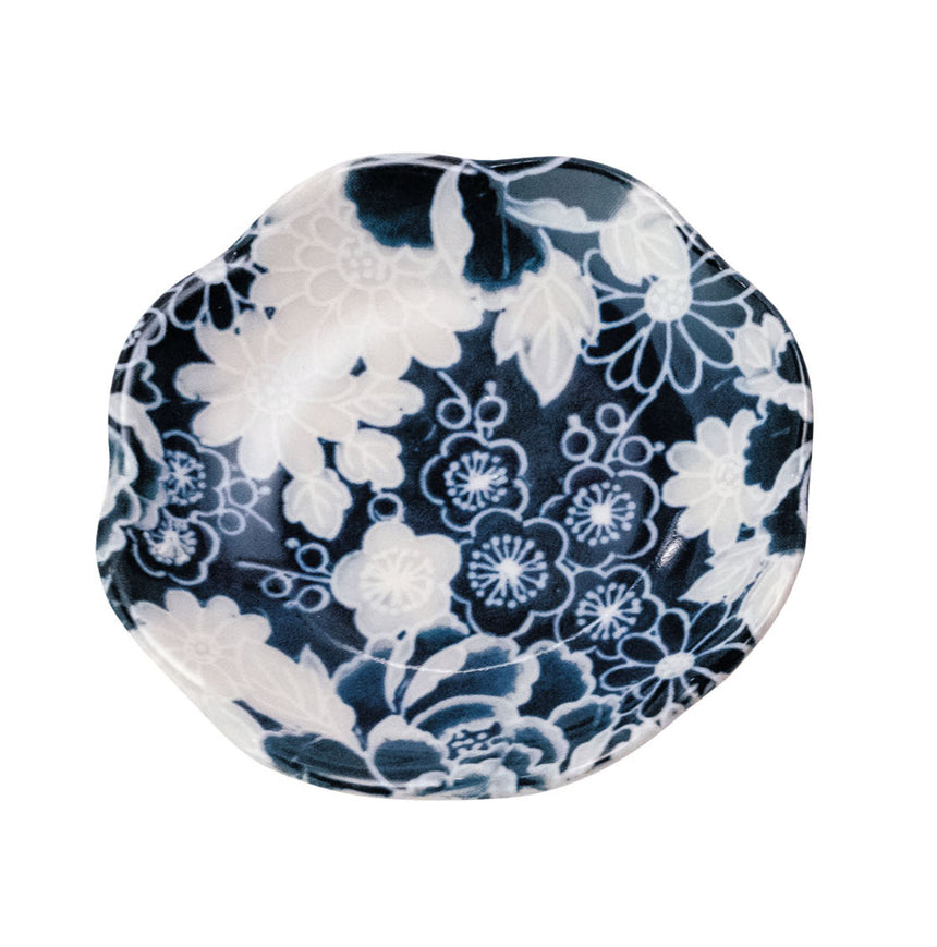 絢彩花小皿　藍友禅