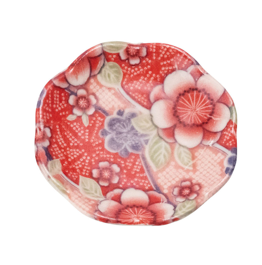 絢彩花小皿　紅華友禅