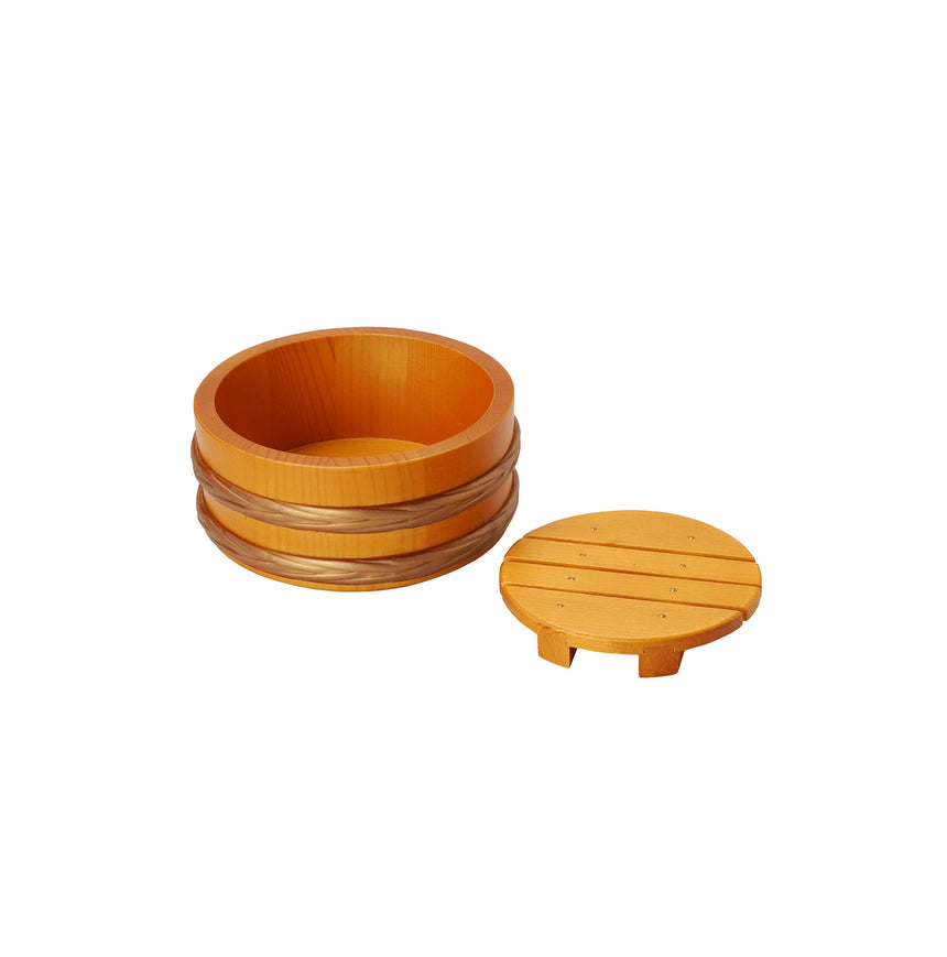 Peach-colored wooden bucket (with perforated plate)