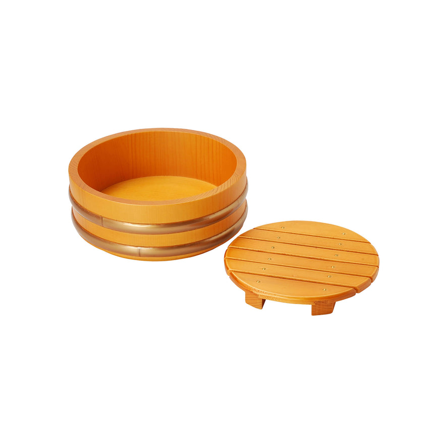 Peach-colored wooden bucket (with perforated plate)