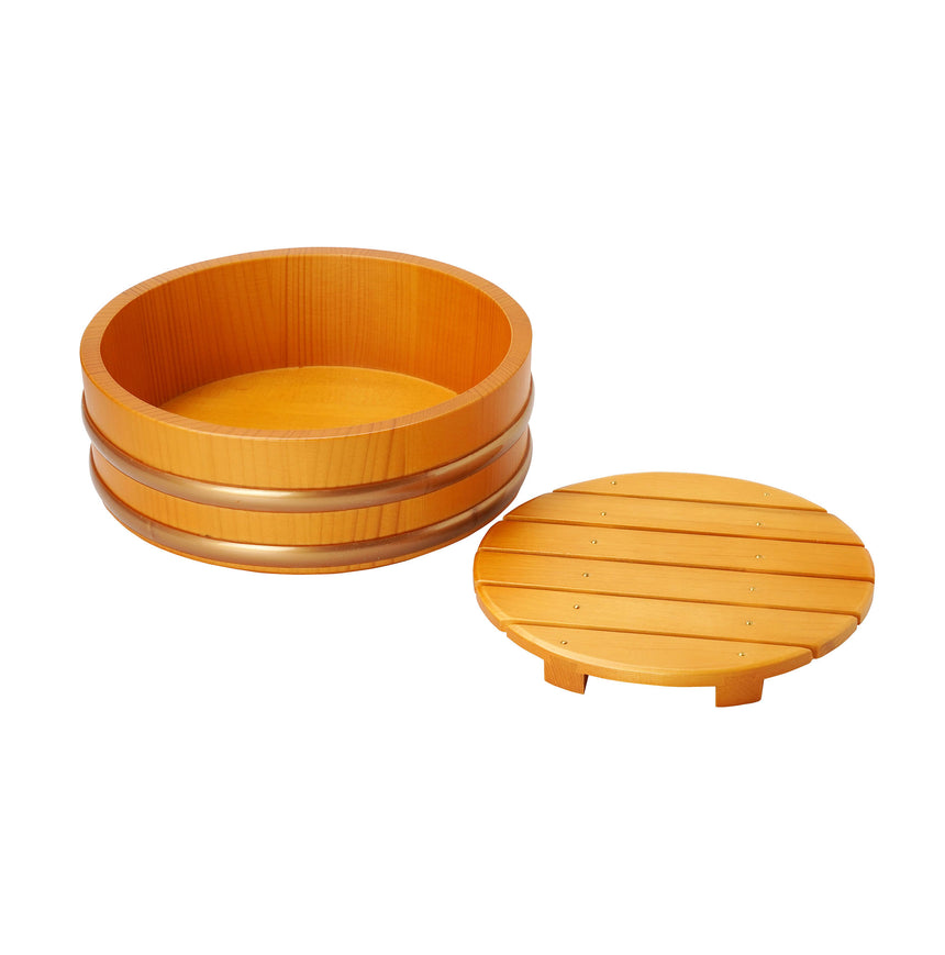 Peach-colored wooden bucket (with perforated plate)