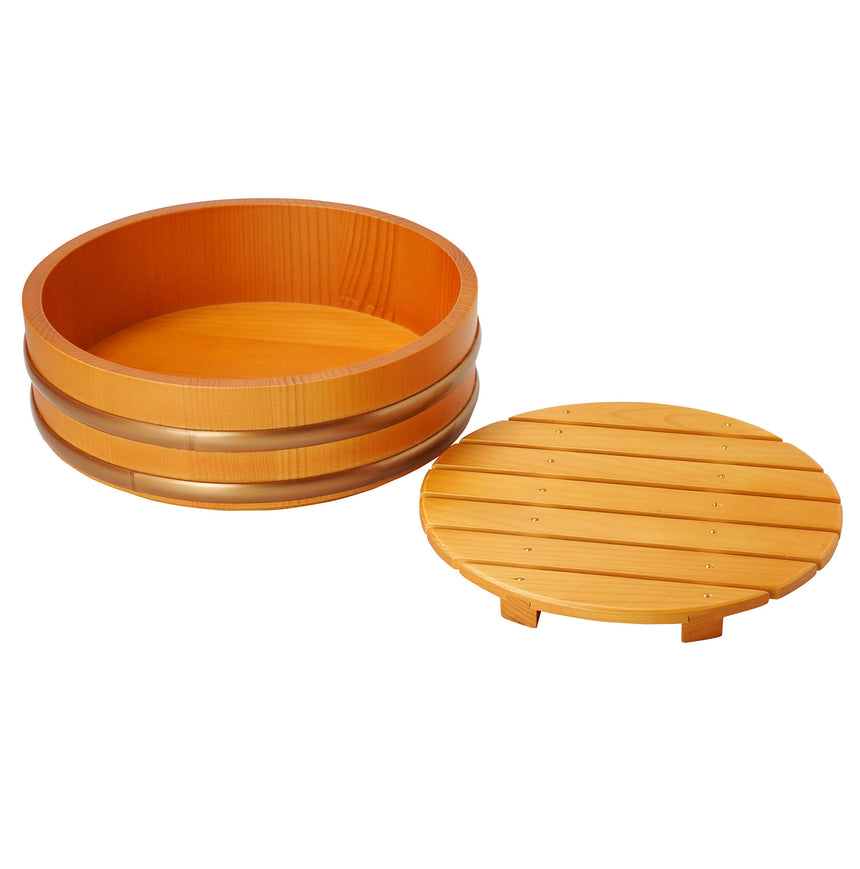 Peach-colored wooden bucket (with perforated plate)