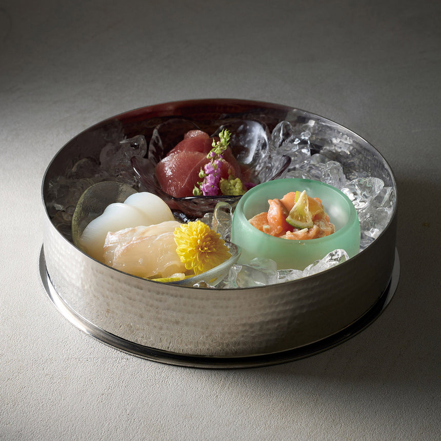 Stainless steel hammered appetizer serving dish with base, round