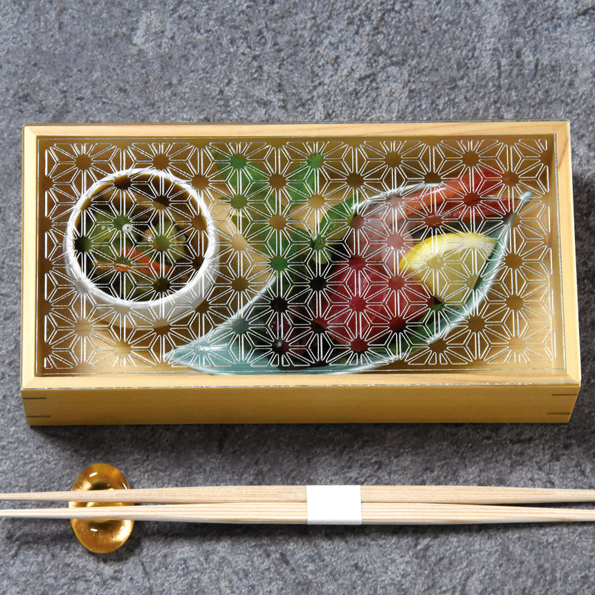 ひのき細密長角料理箱(ガラス蓋仕様)　麻の葉